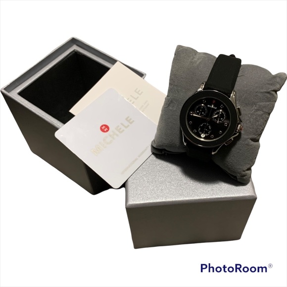 NEW! Michele MWW27C000002 Cape Chrono silver topaz silicone rubber band black - Picture 3 of 7